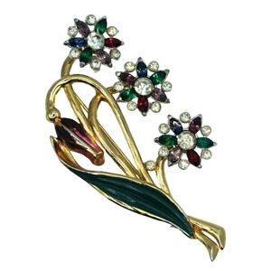 Vintage Floral Spray Brooch Rhinestones Enamel Purple Green Blue Red Clear Large